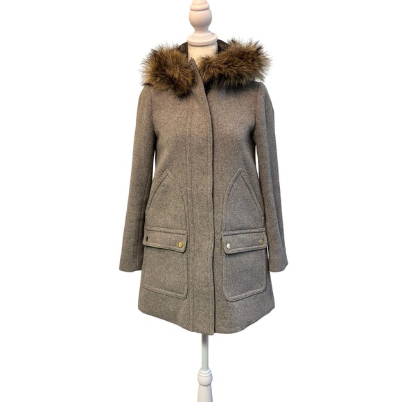 J.Crew Wool Blend Coat with Faux Fur‎ Hood Gray Winter Outerwear Sz Petite 00 - Picture 2 of 11